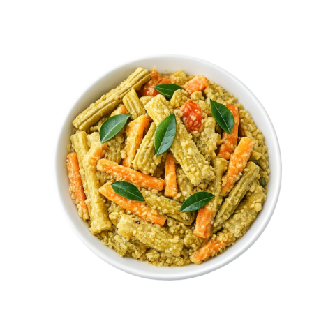 Kerala style Avial ready to eat mixed vegetable coconut curry in white bowl