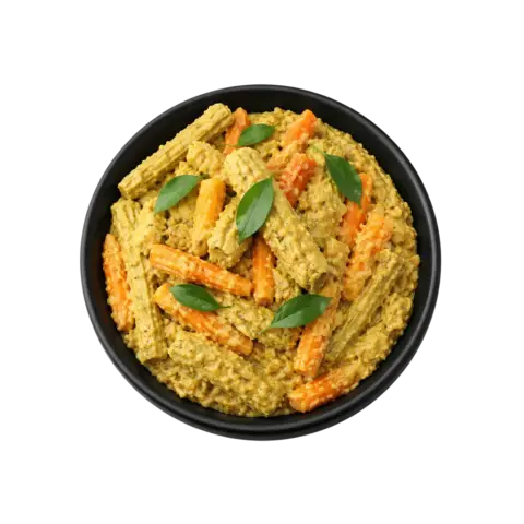 Kerala style Avial ready to eat mixed vegetable coconut curry in black bowl
