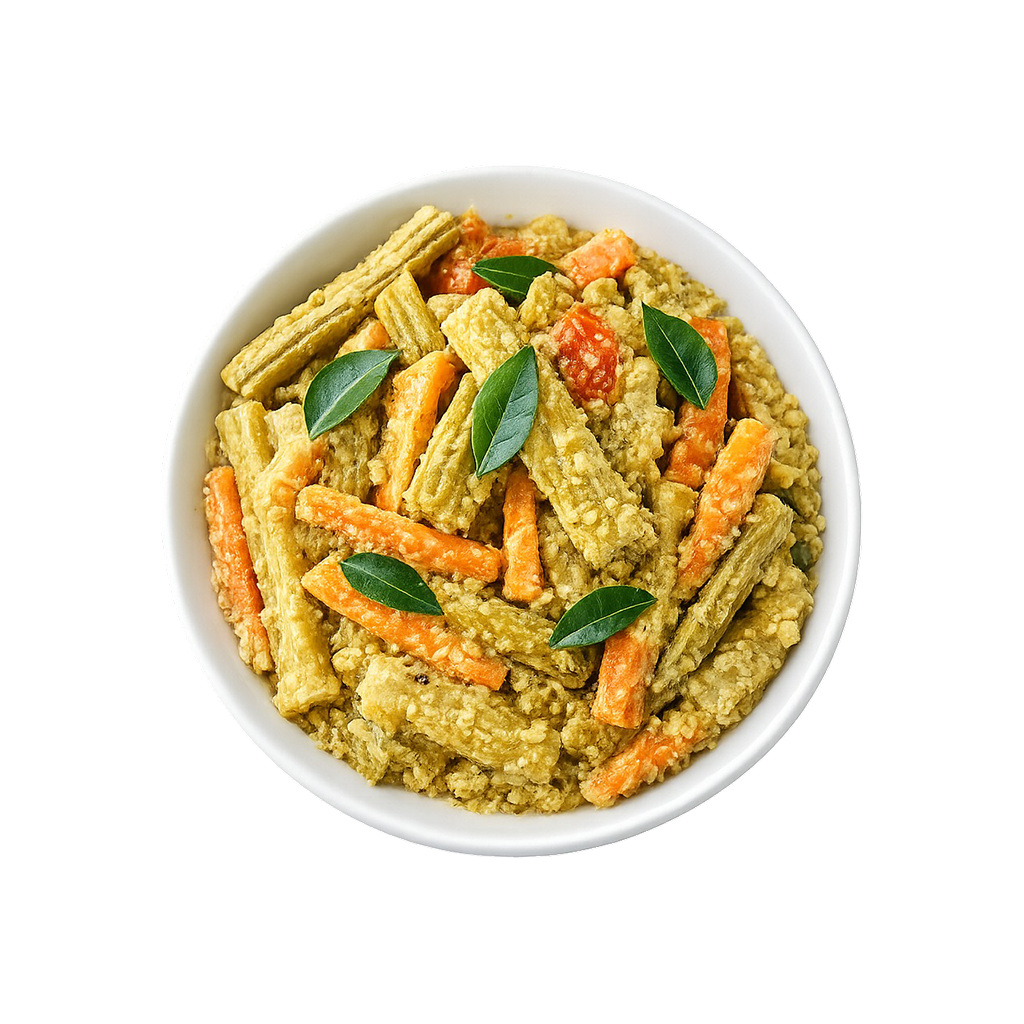 Kerala style Avial ready to eat mixed vegetable coconut curry in white bowl