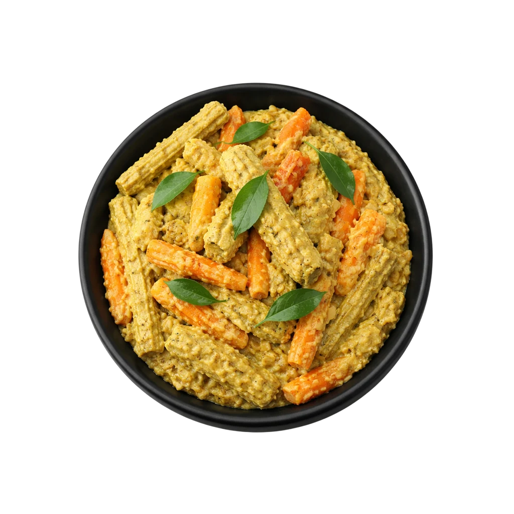 Kerala style Avial ready to eat mixed vegetable coconut curry in black bowl