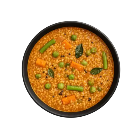 Karnataka style Bisi Bele Bath ready to eat lentil rice dish in black bowl