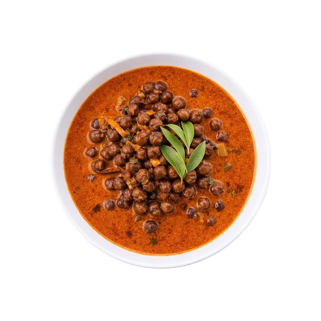 Kerala Kadala Curry ready to eat black chickpea curry in white bowl