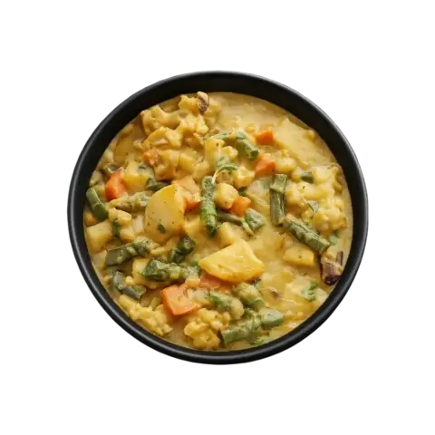 Top view of a matte black bowl filled with creamy mixed vegetable curry containing carrots, beans, potatoes, and herbs, on a clean background.