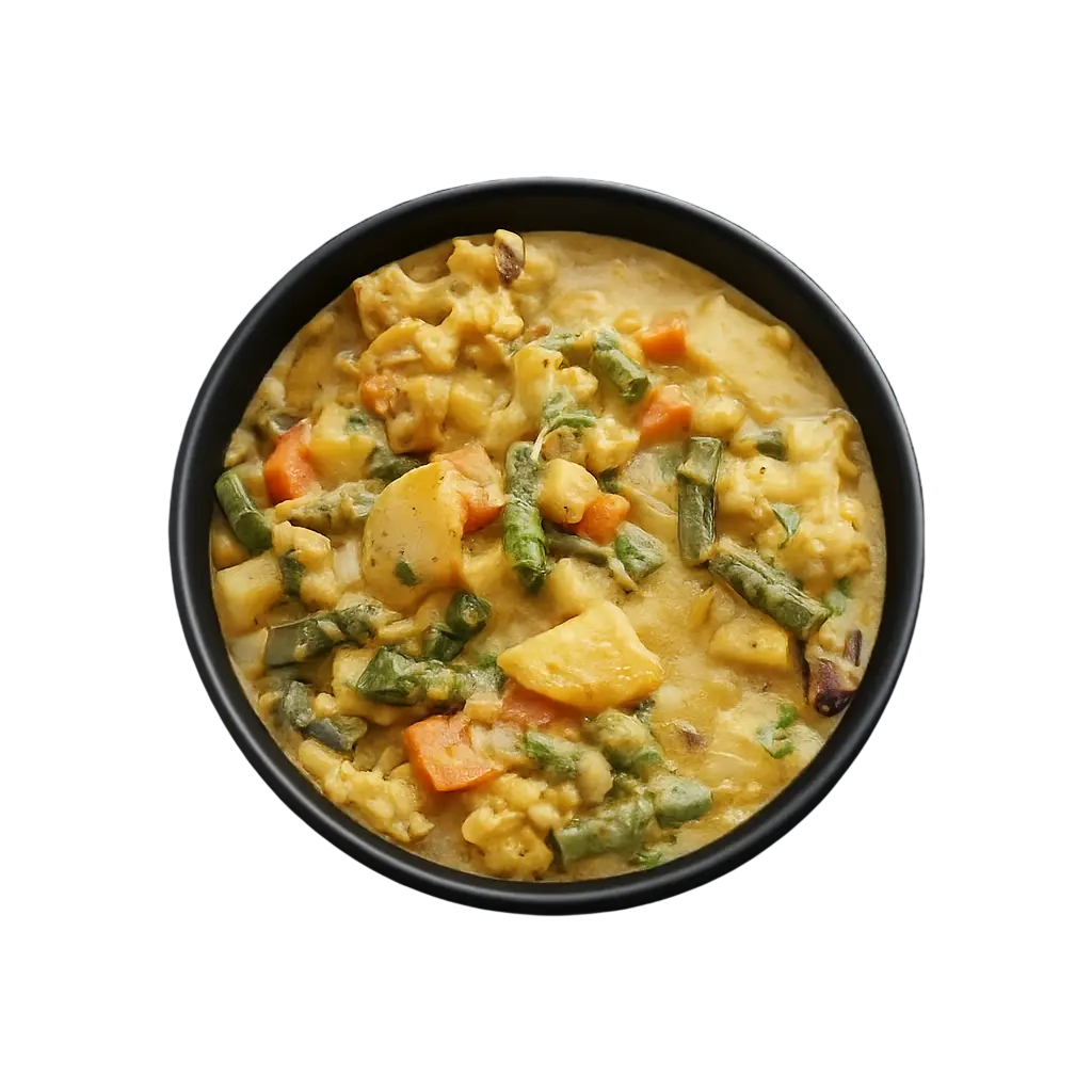 Top view of a matte black bowl filled with creamy mixed vegetable curry containing carrots, beans, potatoes, and herbs, on a clean background.