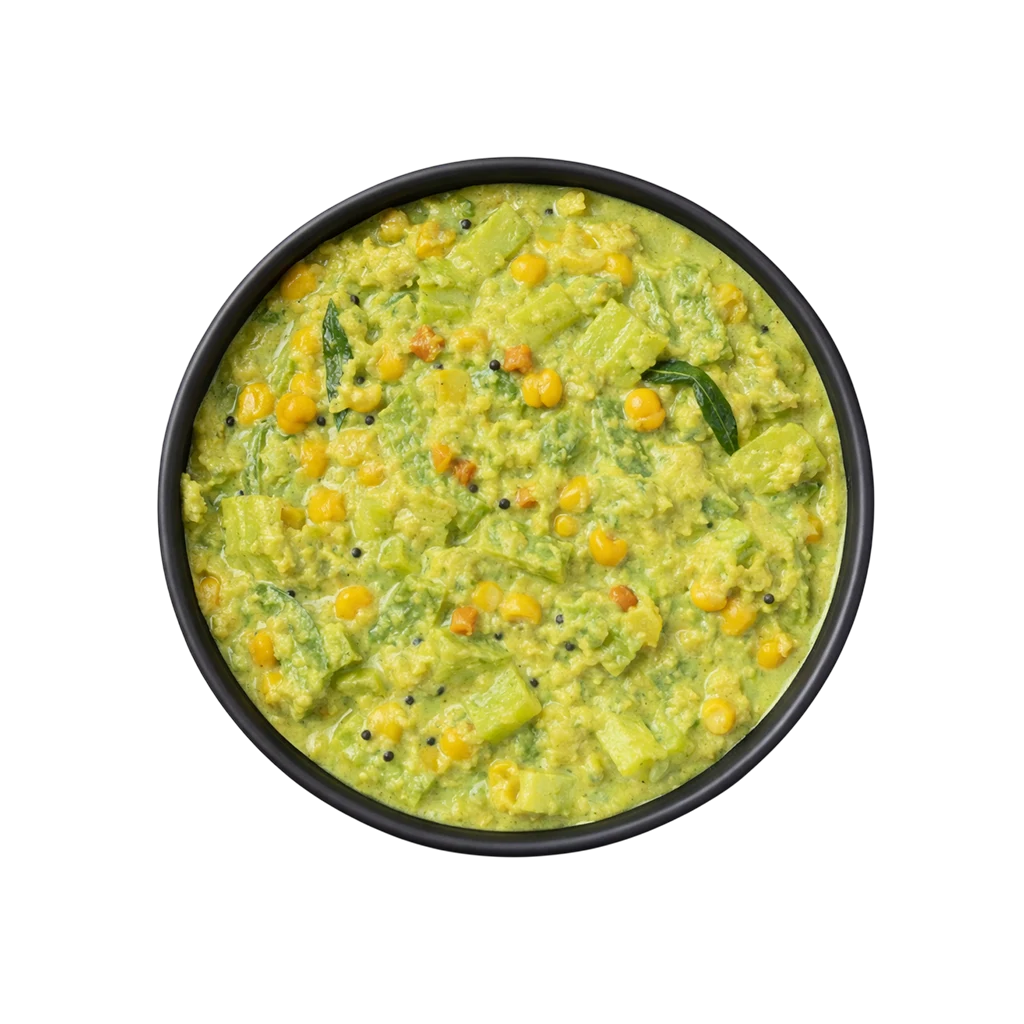 South Indian Pudalangai Kootu ready to eat snake gourd lentil curry in black bowl