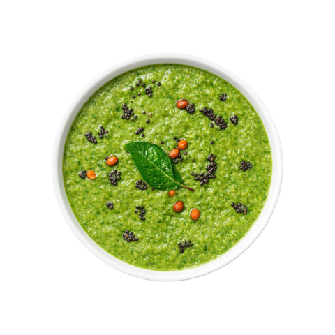 Pudina Kothamalli Chutney ready to eat with mustard seeds tempering in white bowl