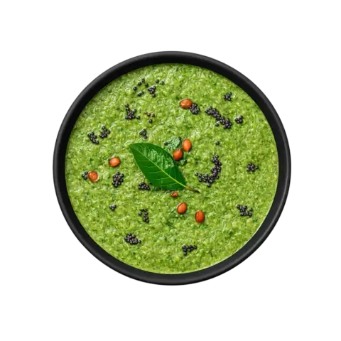 Pudina Kothamalli Chutney ready to eat with mustard seeds tempering in black bowl