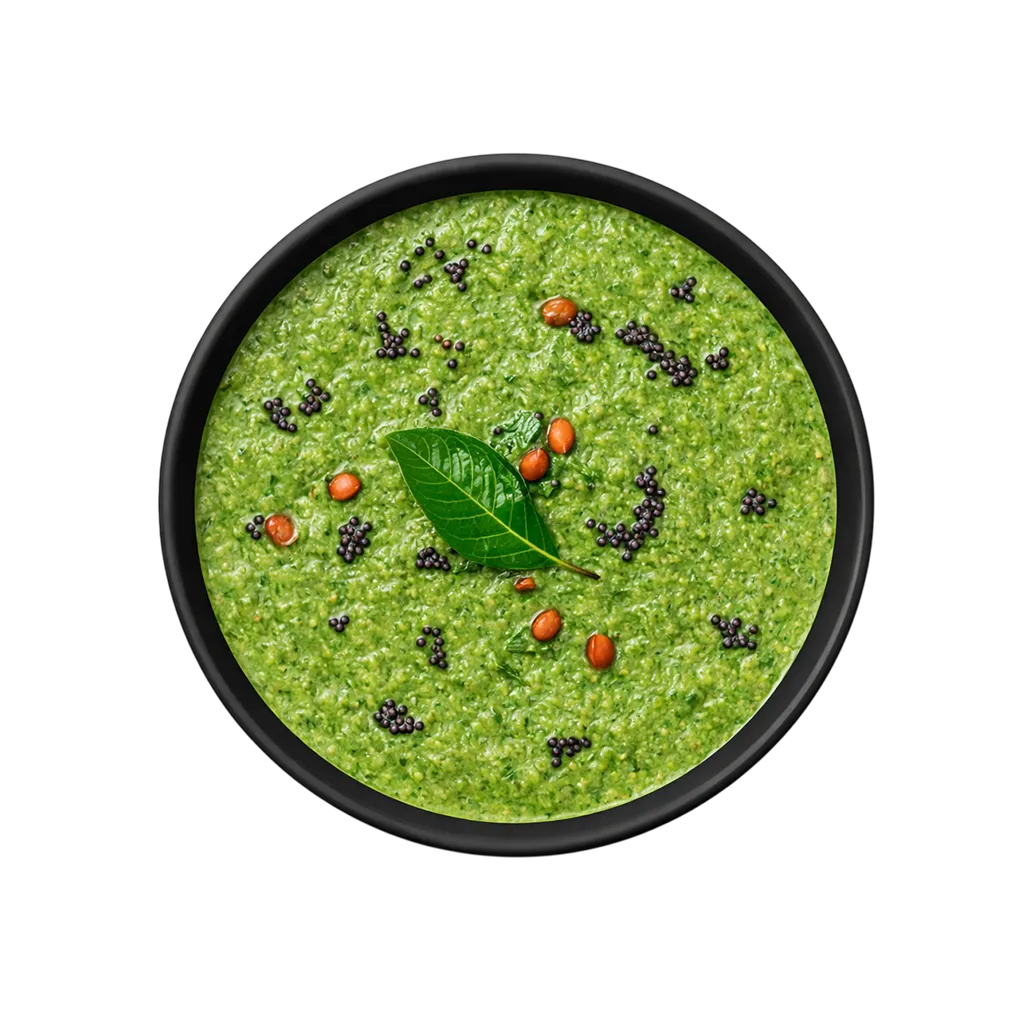 Pudina Kothamalli Chutney ready to eat with mustard seeds tempering in black bowl