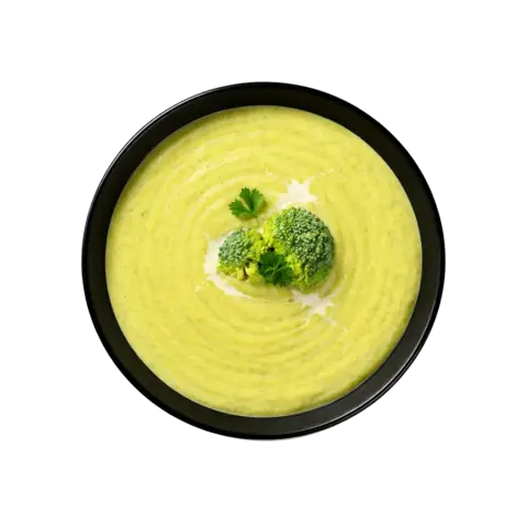 Top view of Pot & Ladle Cream of Broccoli Soup served in a smooth black china bowl, creamy green soup with broccoli florets garnish on a white background.