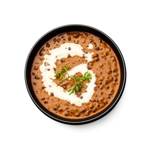 Top view of Pot & Ladle ready to eat Dal Makhani served in a smooth black china bowl, creamy lentil curry with cream swirl and coriander garnish.