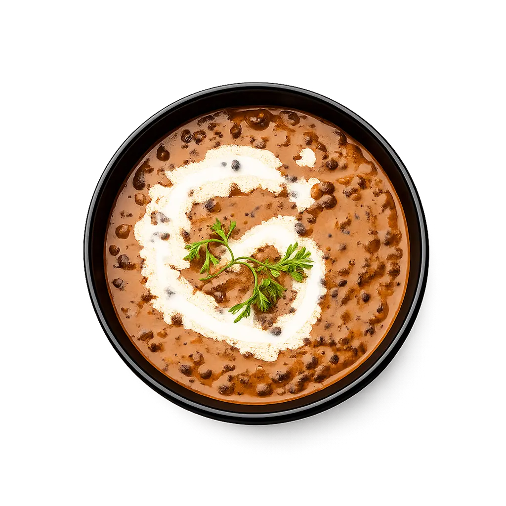 Top view of Pot & Ladle ready to eat Dal Makhani served in a smooth black china bowl, creamy lentil curry with cream swirl and coriander garnish.