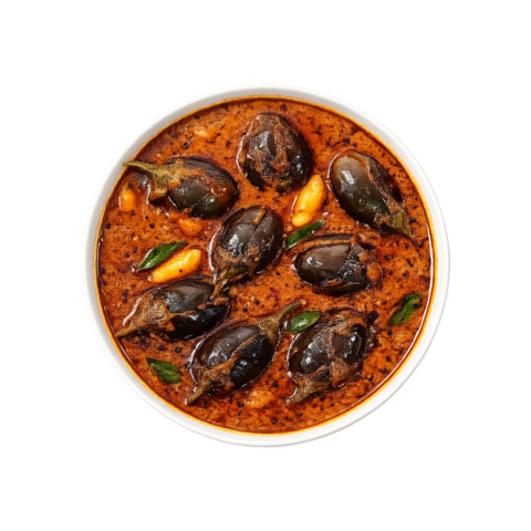 A premium 90-degree top-down flat lay of Pot and Ladle brand ready-to-eat Ennai Kathirikai Kuzhambu. The dish features small, tender whole purple brinjals simmered in a rich, dark roasted-spice and tamarind gravy. The glossy surface shows a traditional oil tempering with mustard seeds and curry leaves, served in a minimalist white bowl on a seamless white studio background.