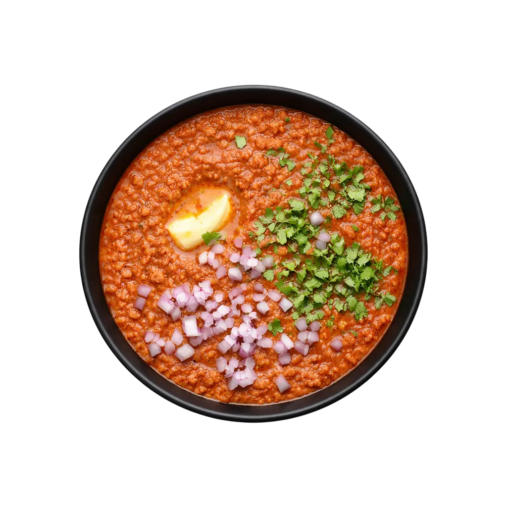 A premium, ready-to-eat serving of Pot and Ladle brand Mumbai-style Pav Bhaji Masala. The 90-degree flat lay shows a black bowl filled with thick, buttery mashed vegetable gravy, topped with melting butter, fresh coriander, and diced onions. The image is captured on a seamless white background for a clean, high-end commercial food aesthetic.