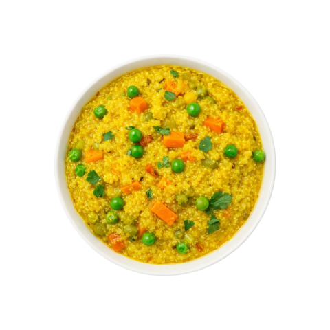 A professional 90-degree flat lay of Pot and Ladle brand ready-to-eat Quinoa Khichdi. The wholesome dish is served in a plain white bowl, showcasing a fluffy texture of quinoa and yellow lentils tempered with golden spices, green peas, and diced carrots. Captured on a seamless, pure white studio background with soft, commercial-grade lighting.