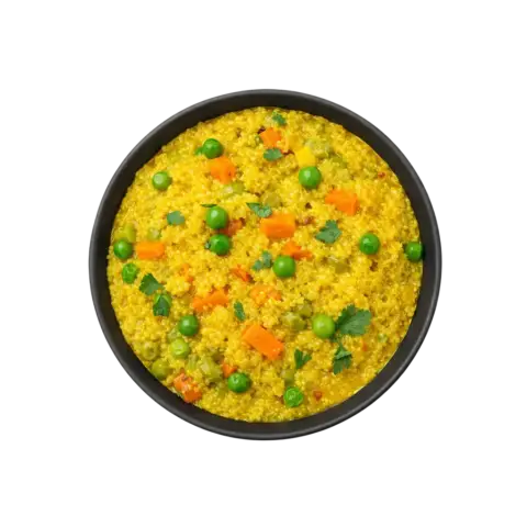 A professional 90-degree flat lay of Pot and Ladle brand ready-to-eat Quinoa Khichdi. The wholesome dish is served in a plain black bowl, showcasing a fluffy texture of quinoa and yellow lentils tempered with golden spices, green peas, and diced carrots. Captured on a seamless, pure white studio background with soft, commercial-grade lighting.