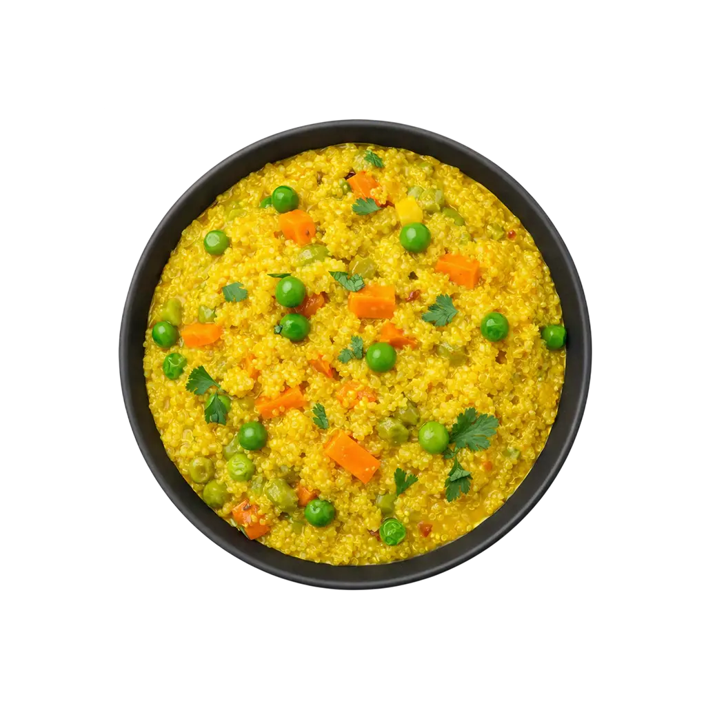 A professional 90-degree flat lay of Pot and Ladle brand ready-to-eat Quinoa Khichdi. The wholesome dish is served in a plain black bowl, showcasing a fluffy texture of quinoa and yellow lentils tempered with golden spices, green peas, and diced carrots. Captured on a seamless, pure white studio background with soft, commercial-grade lighting.