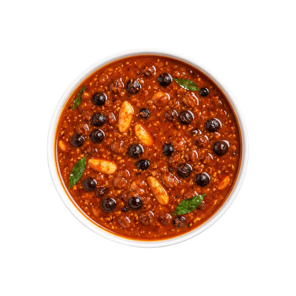 A professional 90-degree top-down flat lay of Pot and Ladle brand ready-to-eat Sundakkai Vatha Kuzhambu. The dark, rich, and thick tamarind gravy is studded with numerous salt-cured and fried turkey berries (sundakkai vathal). The dish has a glossy sheen from gingelly oil and is tempered with mustard seeds, fenugreek, and crisp curry leaves, served in a minimal white bowl on a seamless white background.