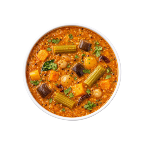 A professional 90-degree top-down flat lay of Pot and Ladle brand ready-to-eat Thanjavur-style Vegetable Sambar. The thick, aromatic orange-brown lentil gravy is loaded with a medley of vegetables including drumsticks, carrots, pumpkin, and beans. The dish is finished with a fragrant tempering of mustard seeds, curry leaves, and a hint of asafoetida, served in a minimal white bowl on a seamless white background.