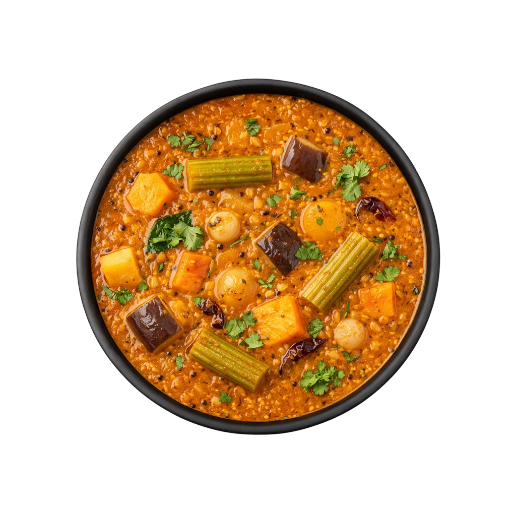 A professional 90-degree top-down flat lay of Pot and Ladle brand ready-to-eat Thanjavur-style Vegetable Sambar. The thick, aromatic orange-brown lentil gravy is loaded with a medley of vegetables including drumsticks, carrots, pumpkin, and beans. The dish is finished with a fragrant tempering of mustard seeds, curry leaves, and a hint of asafoetida, served in a minimal black bowl on a seamless white background.