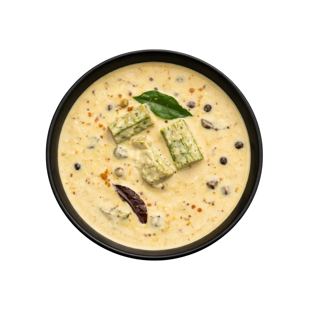 A professional 90-degree top-down flat lay of Pot and Ladle brand ready-to-eat Vendakkai Mor Kuzhambu. The dish is a creamy, light-yellow yogurt-based gravy featuring sautéed pieces of green okra (lady’s finger). The surface is garnished with a fresh tempering of mustard seeds, dried red chilies, and vibrant green curry leaves, served in a minimal black bowl on a seamless black background.