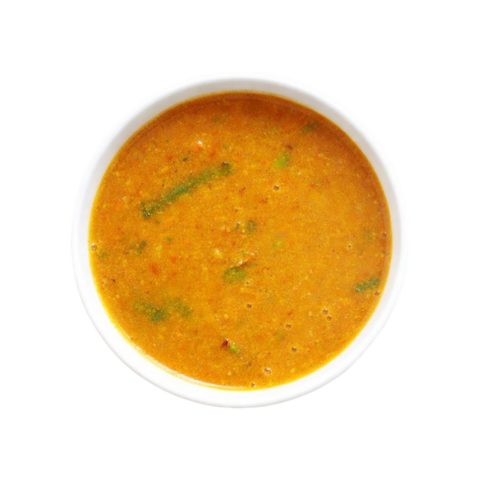 Pot & Ladle Tiffin Sambar ready to eat served in white bowl with retort pouch