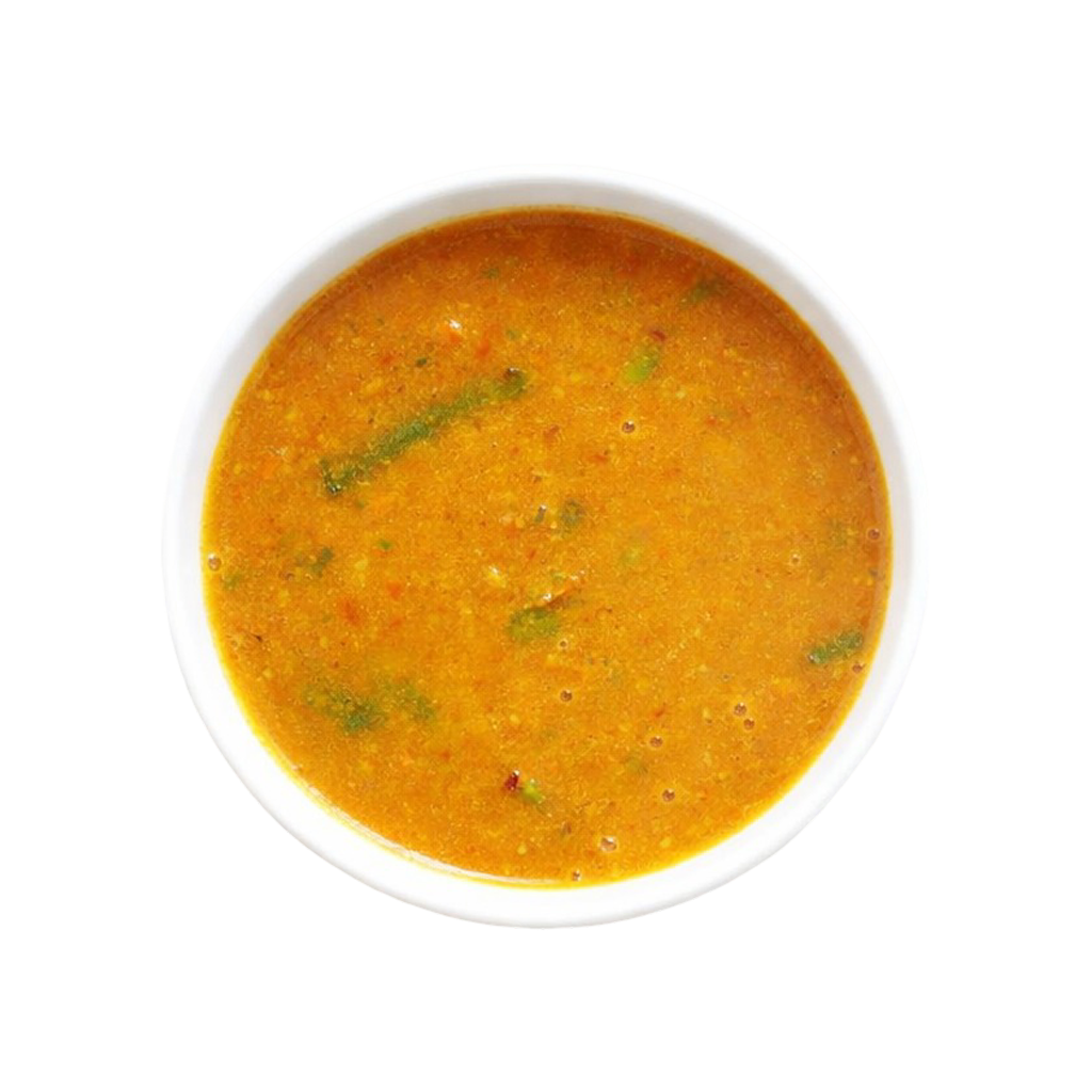 Pot & Ladle Tiffin Sambar ready to eat served in white bowl with retort pouch