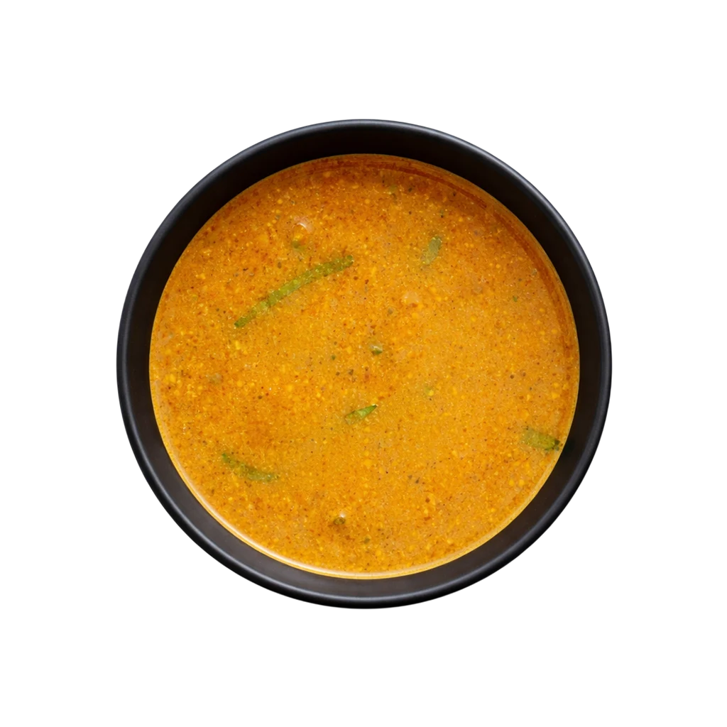 Pot & Ladle Tiffin Sambar ready to eat served in black bowl with retort pouch