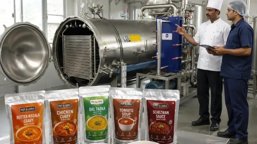 Ready-to-Eat Food Consultant discussing retort processing in a food factory with retort pouches of gravies, soups and sauces.