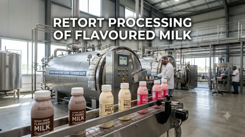 Retort Processing of Flavoured Milk manufacturing process showing dairy beverage production, filling line, and commercial sterilization equipment.