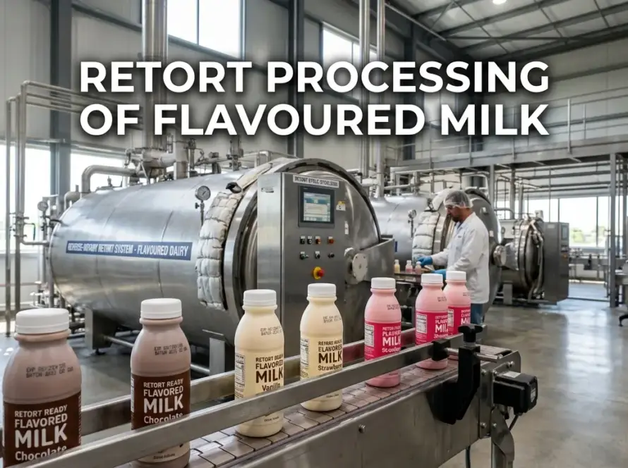 Retort Processing of Flavoured Milk manufacturing process showing dairy beverage production, filling line, and commercial sterilization equipment.
