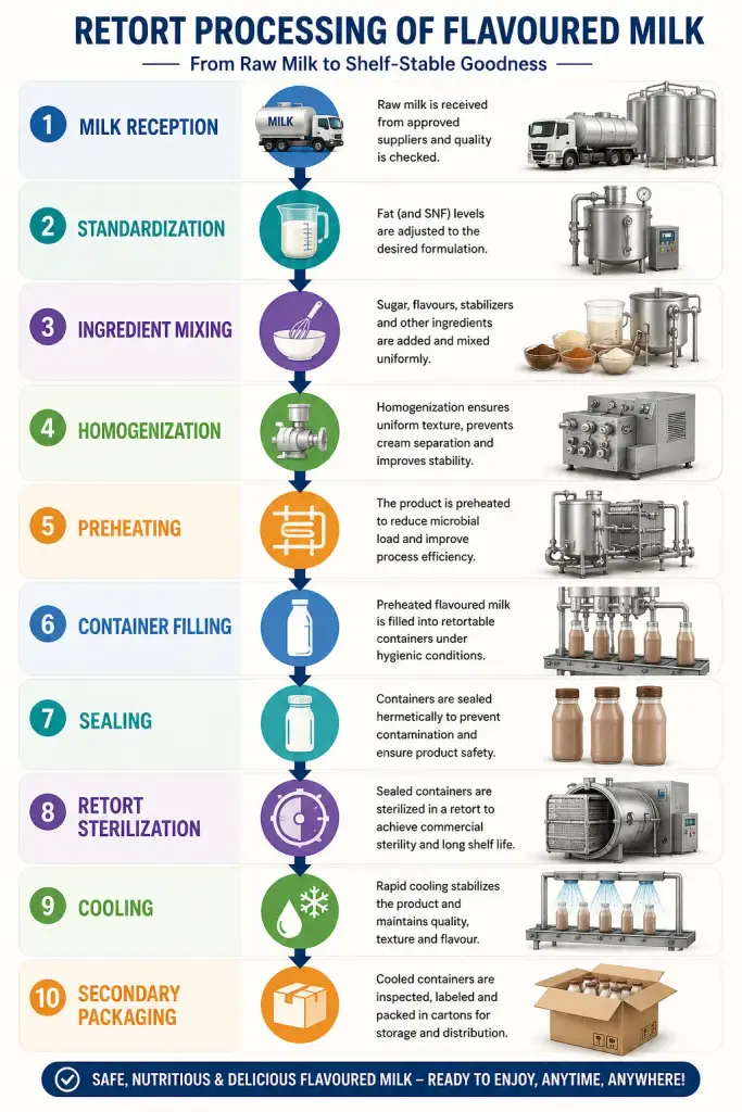 Infographic showing the retort processing of flavoured milk, including milk reception, standardization, ingredient mixing, homogenization, preheating, filling, sealing, retort sterilization, cooling, and secondary packaging.