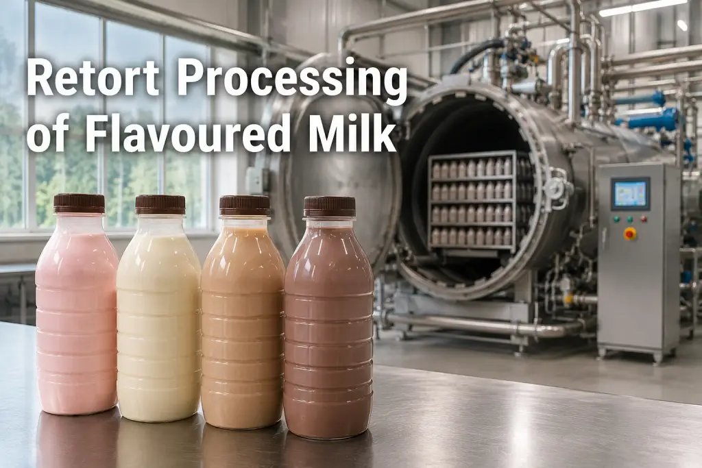 Featured image illustrating Retort Processing of Flavoured Milk with shelf-stable dairy beverage bottles and industrial retort equipment.