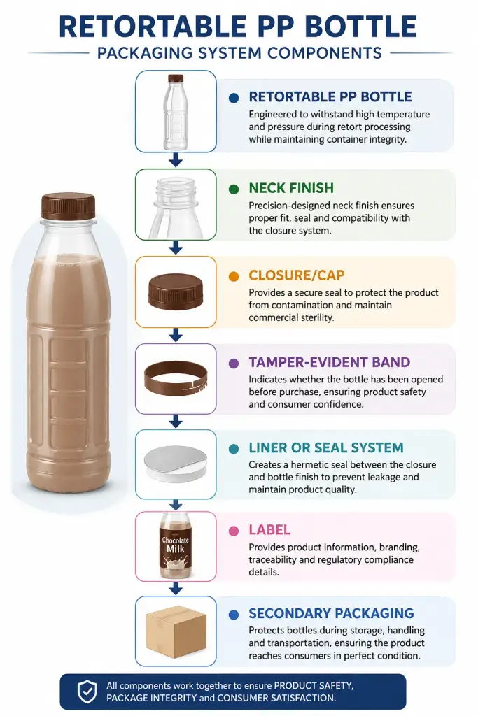 Retortable PP bottle packaging system for flavoured milk showing bottle, neck finish, closure cap, tamper-evident band, seal system, label, and secondary packaging components.