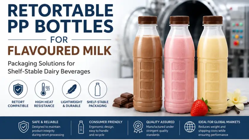 Retortable PP bottles for flavoured milk displayed in front of a commercial retort system used for shelf-stable dairy beverage processing.