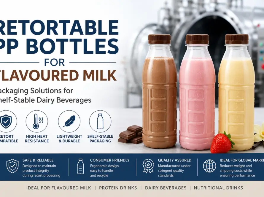 Retortable PP bottles for flavoured milk displayed in front of a commercial retort system used for shelf-stable dairy beverage processing.