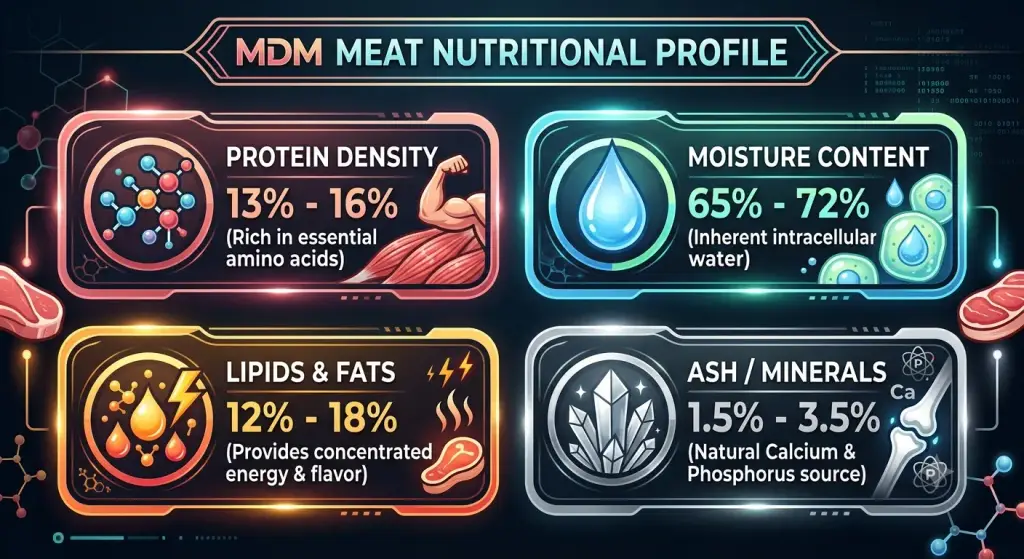 A detailed digital infographic titled 'MDM MEAT NUTRITIONAL PROFILE', broken down into four key sections with specific data ranges. The panels include: Protein Density (13% - 16%), highlighting essential amino acids and featuring a muscle arm icon; Moisture Content (65% - 72%), focusing on intracellular water with a water drop icon; Lipids & Fats (12% - 18%), detailing energy and flavor with oil and steak icons; and Ash / Minerals (1.5% - 3.5%), serving as a calcium and phosphorus source with crystal and bone icons. The style is modern and high-tech.
