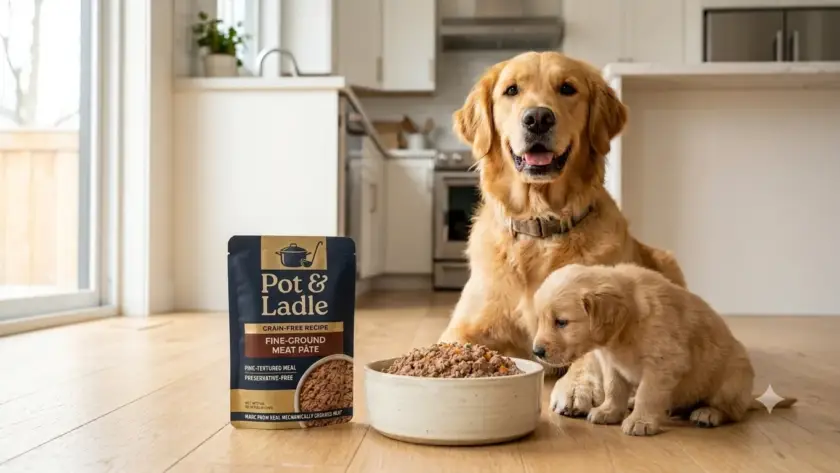 Pot & Ladle preservative-free wet dog food pouch and bowl served on a kitchen floor next to a happy Golden Retriever and puppy.