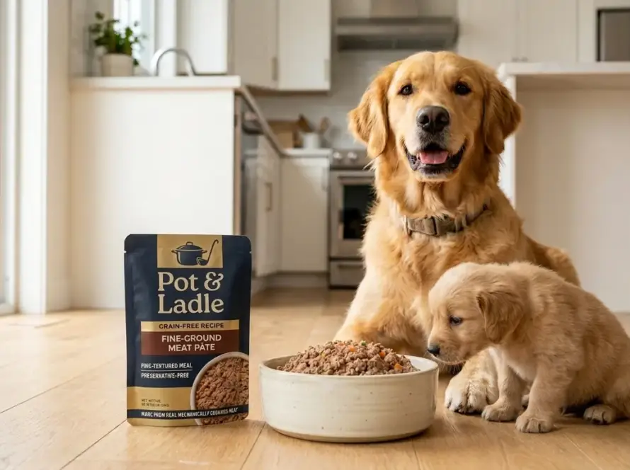 Pot & Ladle preservative-free wet dog food pouch and bowl served on a kitchen floor next to a happy Golden Retriever and puppy.