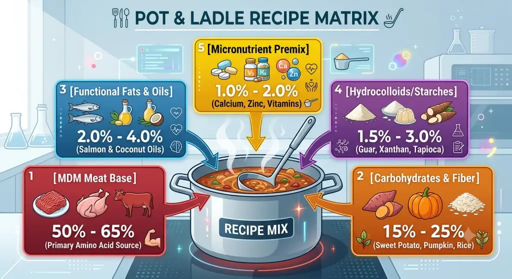 An infographic illustrating the ingredient matrix for formulating preservative-free wet dog food. The visual shows five component groups combining into a cooking pot: an MDM Meat Base (50-65%), Carbohydrates & Fiber (15-25%), Functional Fats & Oils (2.0-4.0%), Hydrocolloids/Starches (1.5-3.0%), and a Micronutrient Premix (1.0-2.0%).