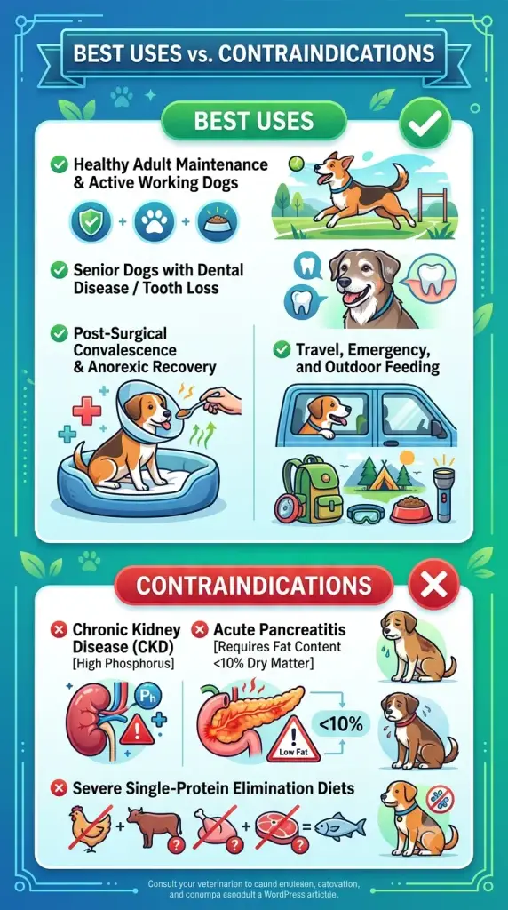 An illustrated infographic guide detailing the best uses and medical contraindications for feeding preservative-free wet dog food. The guide lists best scenarios like healthy adult maintenance and recovery care, while warning against its use for conditions such as chronic kidney disease and acute pancreatitis.