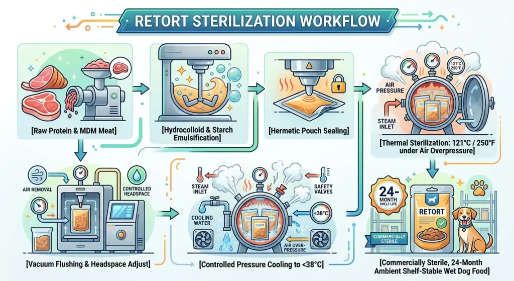 A detailed infographic flowchart illustrating the Retort Sterilization Workflow for producing shelf-stable wet dog food. Steps include: raw protein and MDM meat preparation, hydrocolloid and starch emulsification, vacuum flushing and headspace adjust, hermetic pouch sealing, thermal sterilization at 121°C/250°F in a retort machine, controlled pressure cooling, and the final result: commercially sterile retort pouches with a 24-month shelf life.