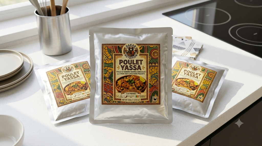 Shelf-stable Ready-to-Eat Poulet Yassa pouch in a modern kitchen setting, demonstrating Export RTE Retort Food Processing with marinated chicken in mustard and caramelized onion sauce.