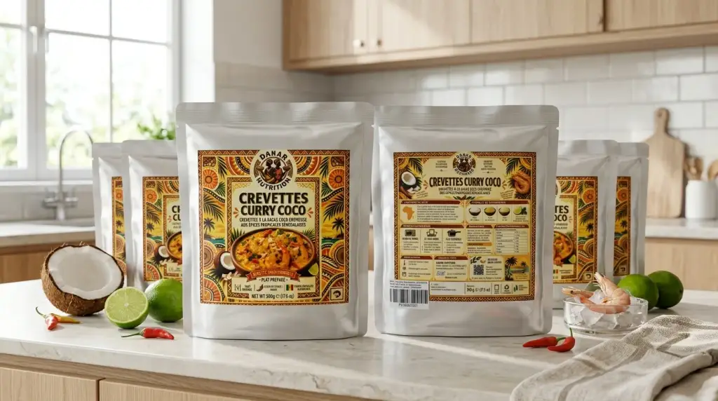 Shelf-stable Ready-to-Eat Crevettes Curry Coco pouch in a modern kitchen setting, featuring coconut shrimp curry in a retort packaging format alongside fresh lime and coconut props.
