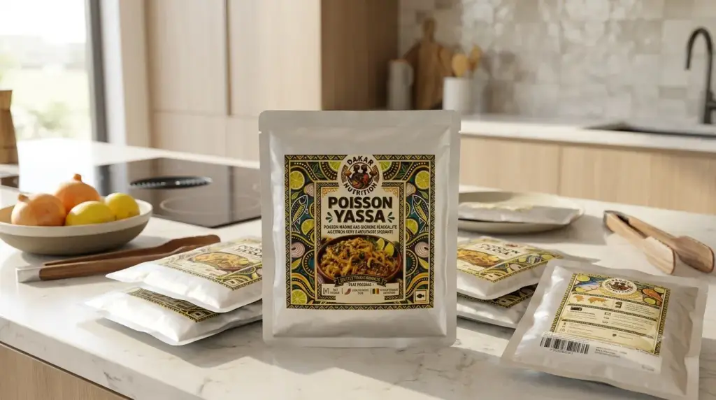 Shelf-stable Ready-to-Eat Poisson Yassa pouch in a modern kitchen setting, featuring authentic West African fish and caramelized onion curry in a retort packaging format.