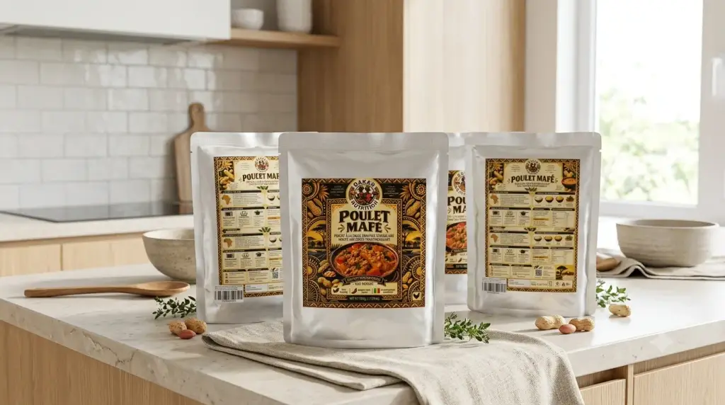 Shelf-stable Ready-to-Eat Poulet Mafé pouch in a modern kitchen setting, demonstrating Export RTE Retort Food Processing with traditional West African chicken stew in peanut sauce.
