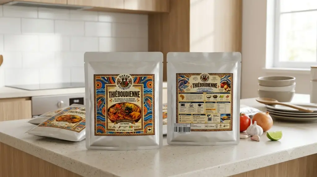 Shelf-stable Ready-to-Eat Thiéboudienne pouch in a modern kitchen setting, demonstrating Export RTE Retort Food Processing with traditional Senegalese fish rice and tomato sauce.