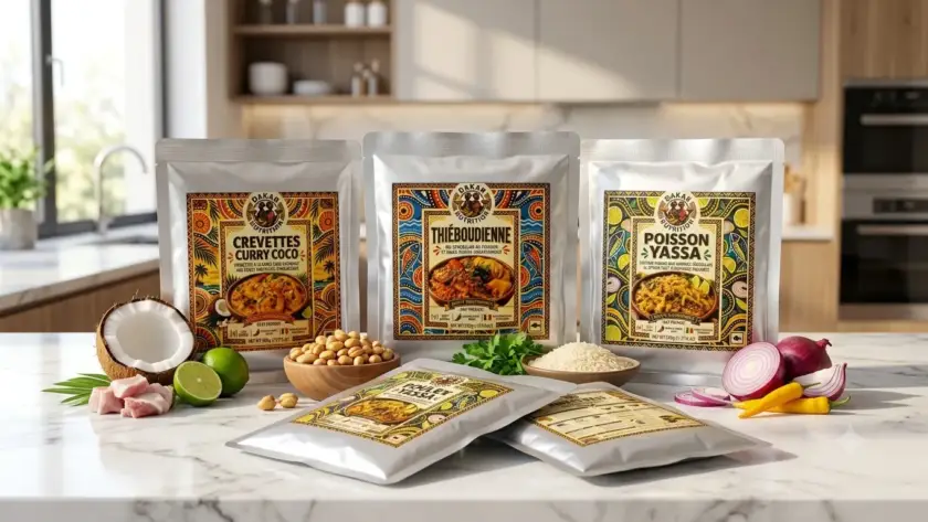A professional featured image showcasing five authentic Senegalese Ready-to-Eat retort pouches (Crevettes Curry Coco, Thiéboudienne, Poisson Yassa, Poulet Yassa, and Poulet Mafé), illustrating Export RTE Retort Food Processing, arranged on a modern marble kitchen countertop with whole ingredients like coconut, peanuts, chilies, and red onion, under natural daytime light.