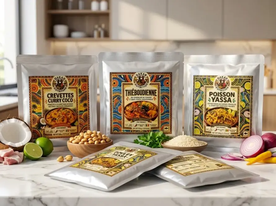 A professional featured image showcasing five authentic Senegalese Ready-to-Eat retort pouches (Crevettes Curry Coco, Thiéboudienne, Poisson Yassa, Poulet Yassa, and Poulet Mafé), illustrating Export RTE Retort Food Processing, arranged on a modern marble kitchen countertop with whole ingredients like coconut, peanuts, chilies, and red onion, under natural daytime light.